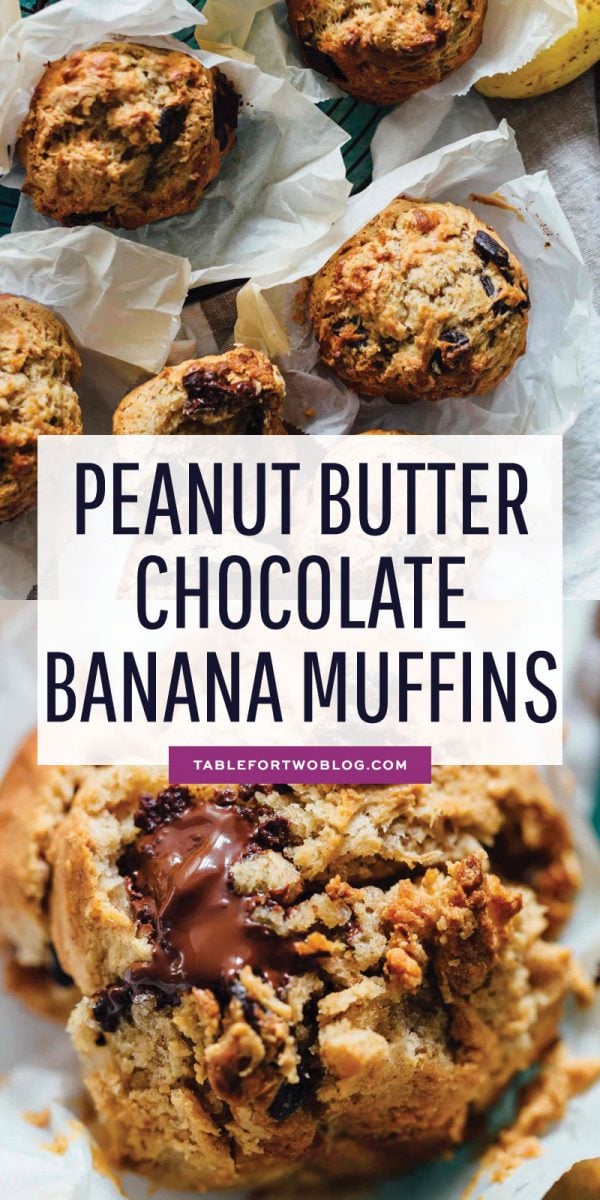 These peanut butter and chocolate banana muffins are so soft and tender with the biggest domed top! They're just like straight out of a bakery! #bananarecipe #ripebanana #peanutbutter #chocolate #muffin #muffinrecipe #bakerystyle