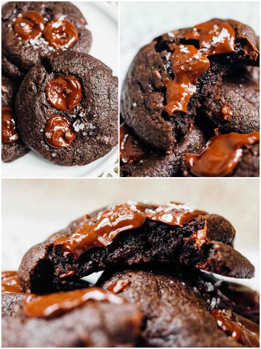 These soft dark chocolate and cherry cookies are a decadent treat! Tart, sweet, and salty are the prominent flavors of this crazy good cookie! #tartcherries #darkchocolate #cookies #chocolateandcherries #chocolatecookies