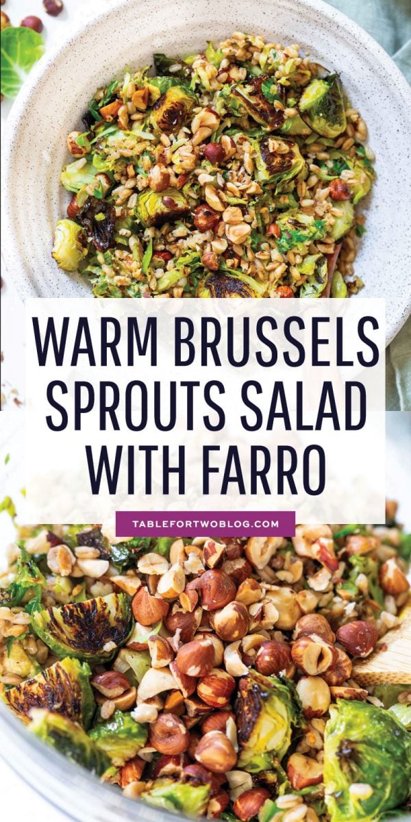 The perfect springtime salad! This warm roasted brussels sprouts salad with farro is tossed in a delicious Dijon shallot dressing that is flavorful and a delight! The hazelnuts give this salad that extra crunch and texture! #brusselssprouts #salad #farro #roastedvegetables