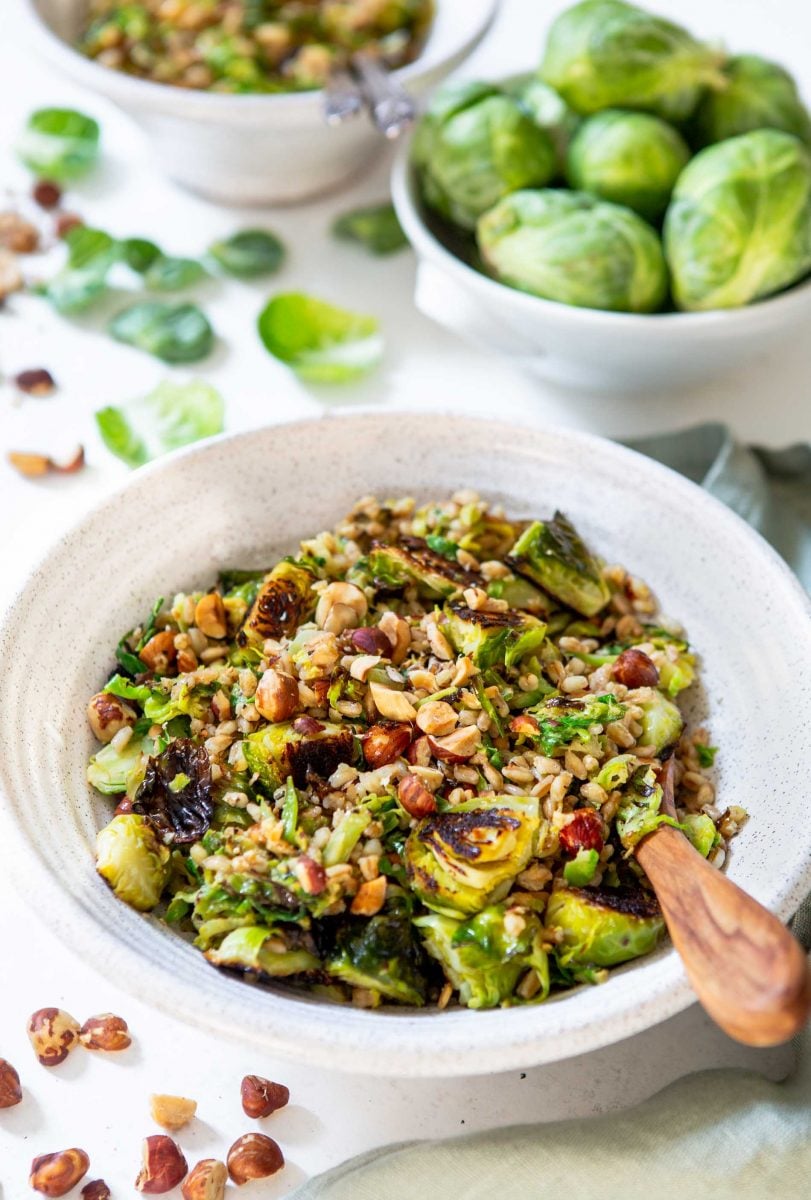 The perfect springtime salad! This warm roasted brussels sprouts salad with farro is tossed in a delicious Dijon shallot dressing that is flavorful and a delight! The hazelnuts give this salad that extra crunch and texture!