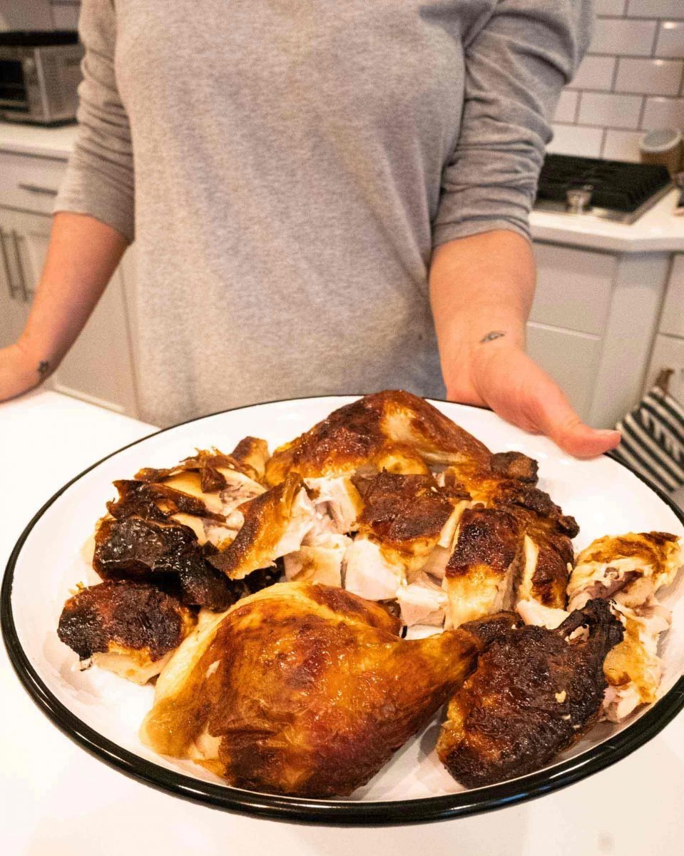 The most flavorful, tender, juicy, and moist buttermilk roast chicken made with just three ingredients. This buttermilk-marinated roast chicken is AMAZING and so easy to make!