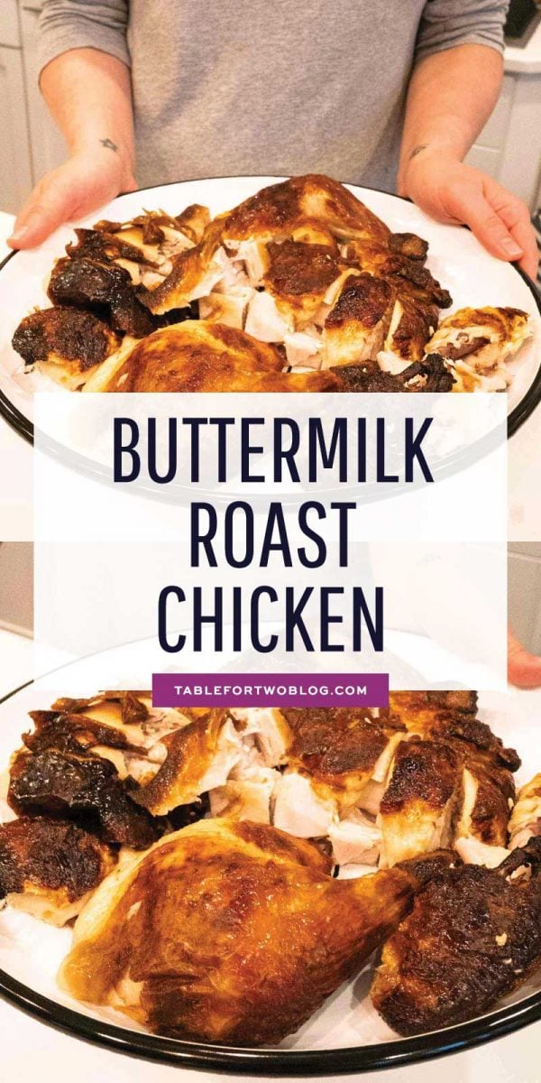 The most flavorful, tender, juicy, and moist buttermilk roast chicken made with just three ingredients. This buttermilk-marinated roast chicken is AMAZING and so easy to make! #buttermilk #roastchicken #buttermilkmarinated #chickenrecipe #wholechicken