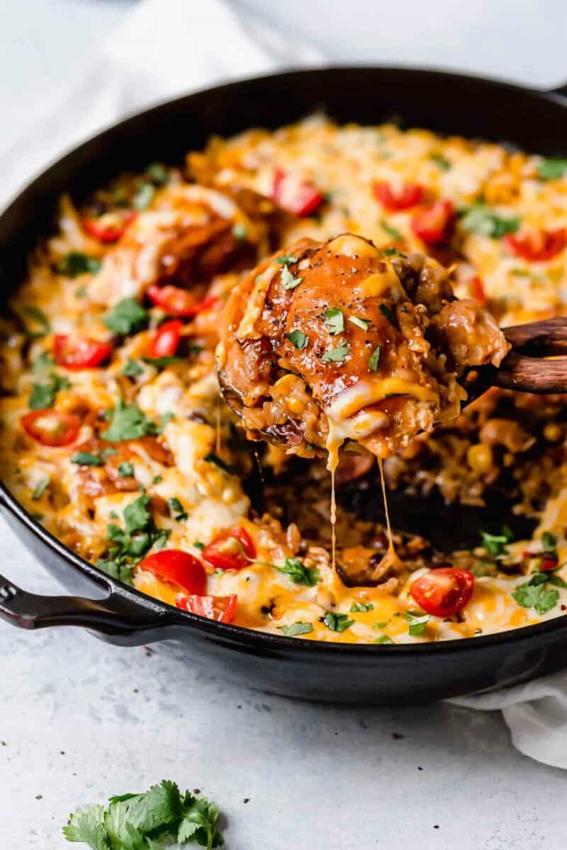 This one-pot BBQ chicken and rice is a weeknight meal saver! It is loaded with flavor and it's basically like having your favorite BBQ restaurant chicken and rice dish at home!