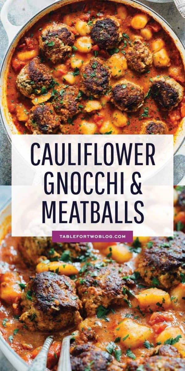 Cauliflower gnocchi and meatballs is a cozy alternative to the classic spaghetti and meatballs. All made in one-skillet! Who can complain?! #cauliflowergnocchi #traderjoes #gnocchi #meatballs #skilletdinner #onepotmeal #easymeals