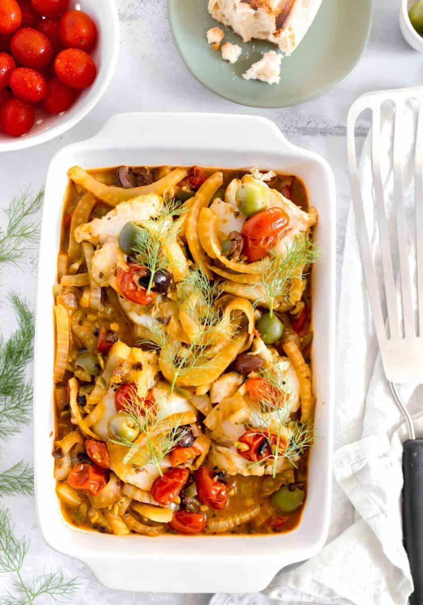 Poached cod with fennel, tomatoes, and olives is a flavorful dish that utilizes various flavor profiles to create a tantalizing broth for poached cod.