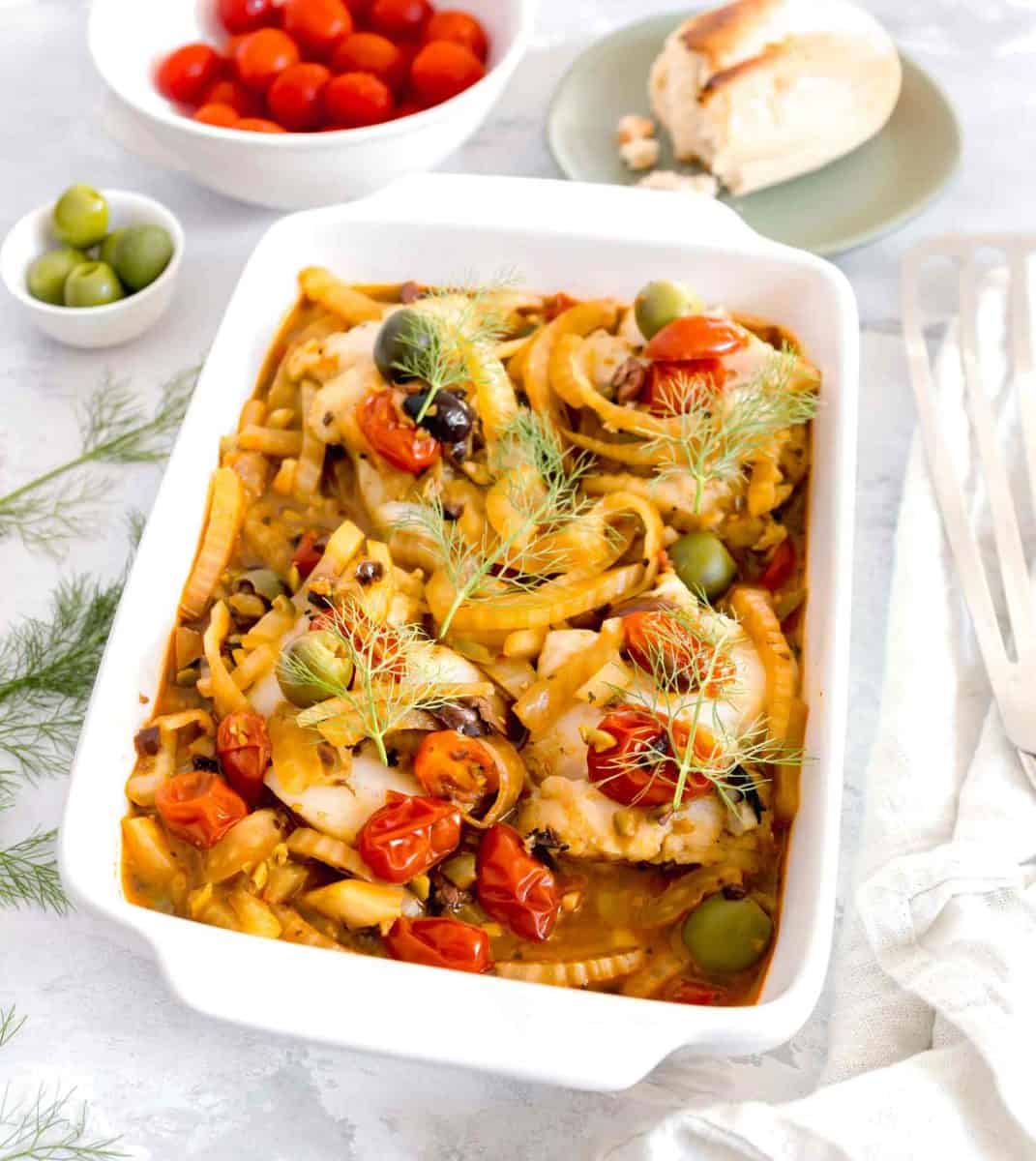 Poached cod with fennel, tomatoes, and olives is a flavorful dish that utilizes various flavor profiles to create a tantalizing broth for poached cod.