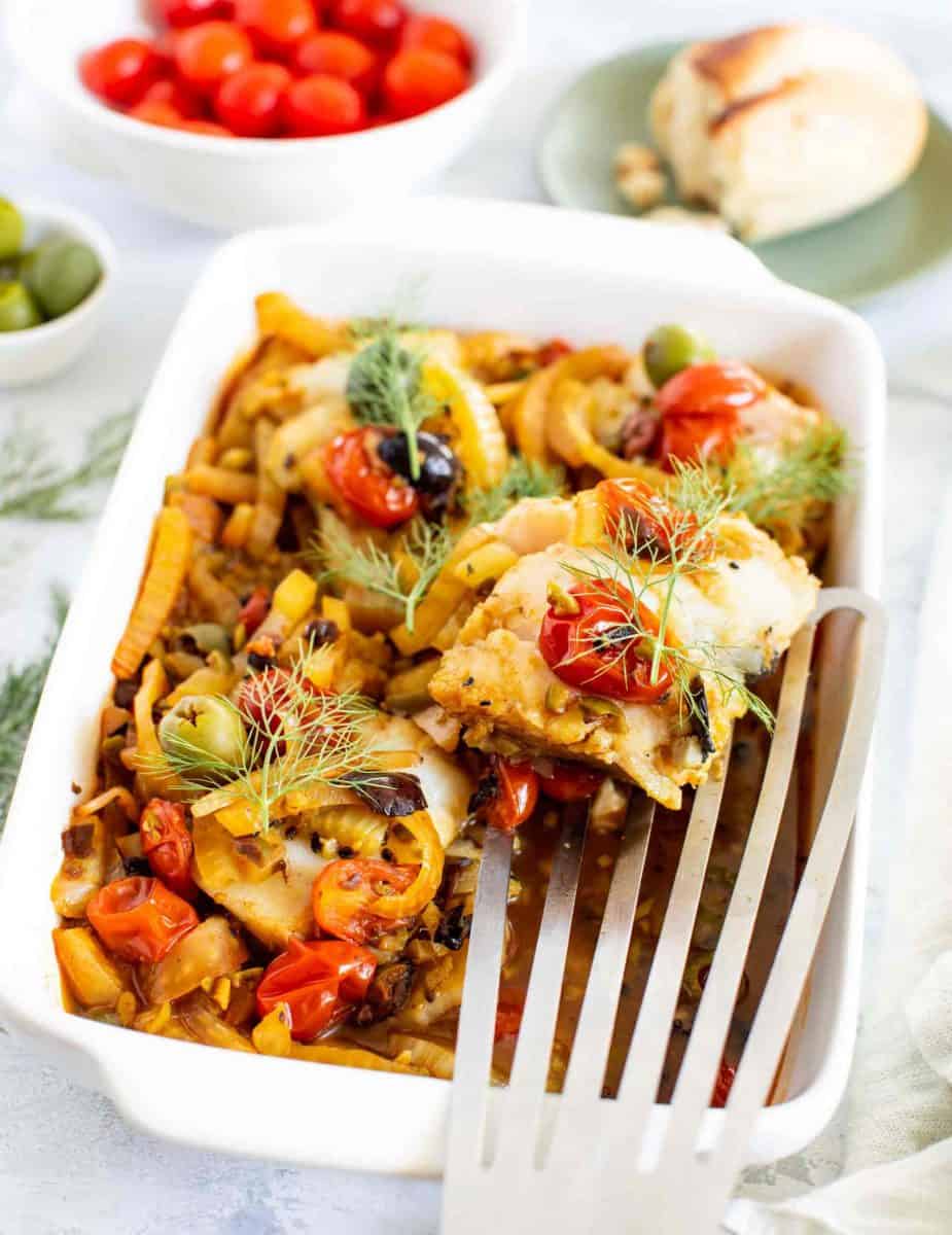 Poached cod with fennel, tomatoes, and olives is a flavorful dish that utilizes various flavor profiles to create a tantalizing broth for poached cod.
