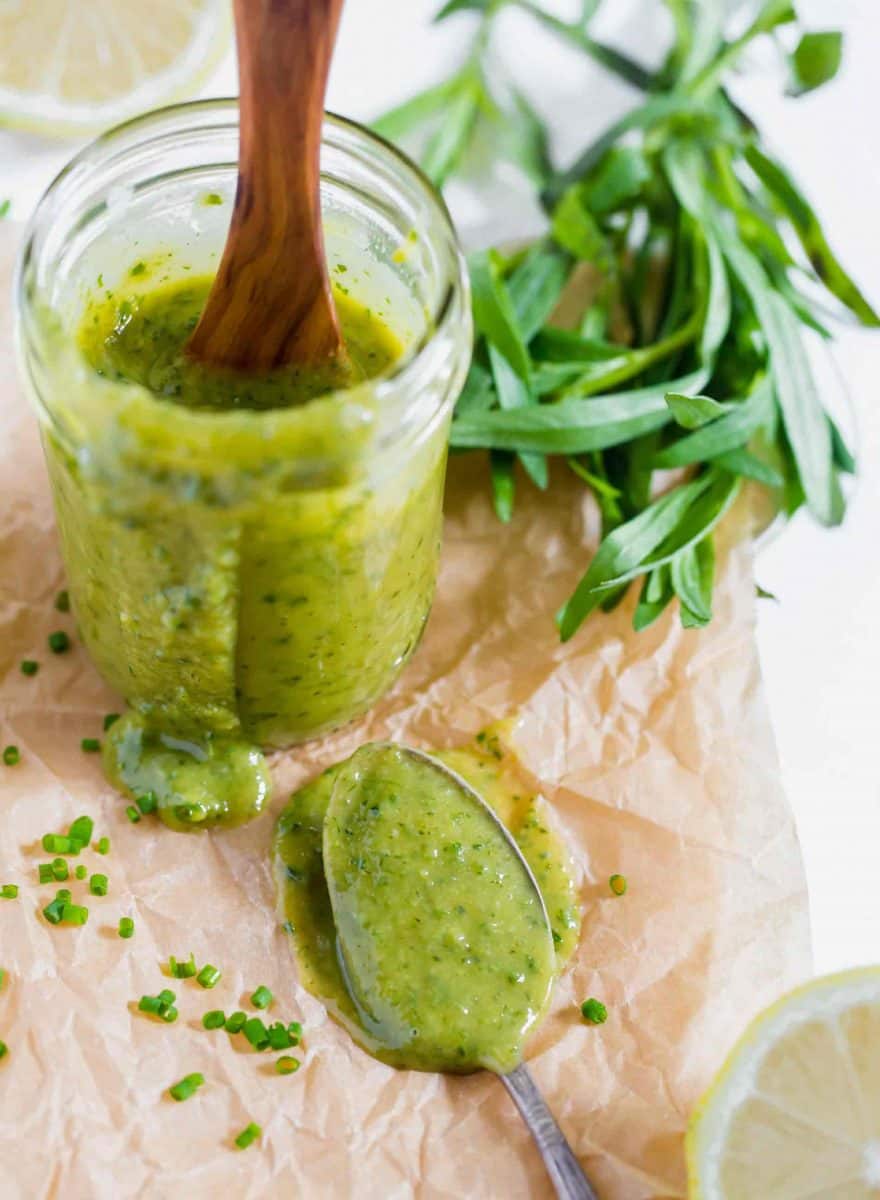 This versatile herbed tahini spread can be used on sandwiches and wraps or used as a dip for carrots and other vegetables! #tahini #herb #tarragon #chives #homemadetahini #homemadespread
