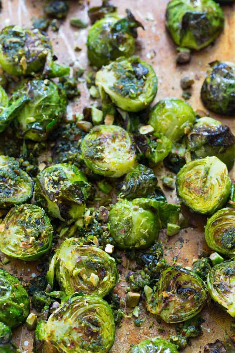 These roasted brussels sprouts tossed in pistachio pesto will turn any brussels sprouts hater into a lover!