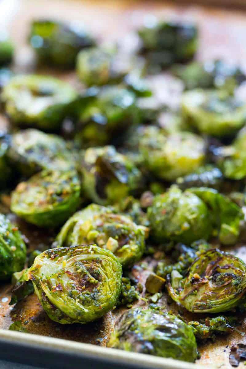 These roasted brussels sprouts tossed in pistachio pesto will turn any brussels sprouts hater into a lover!