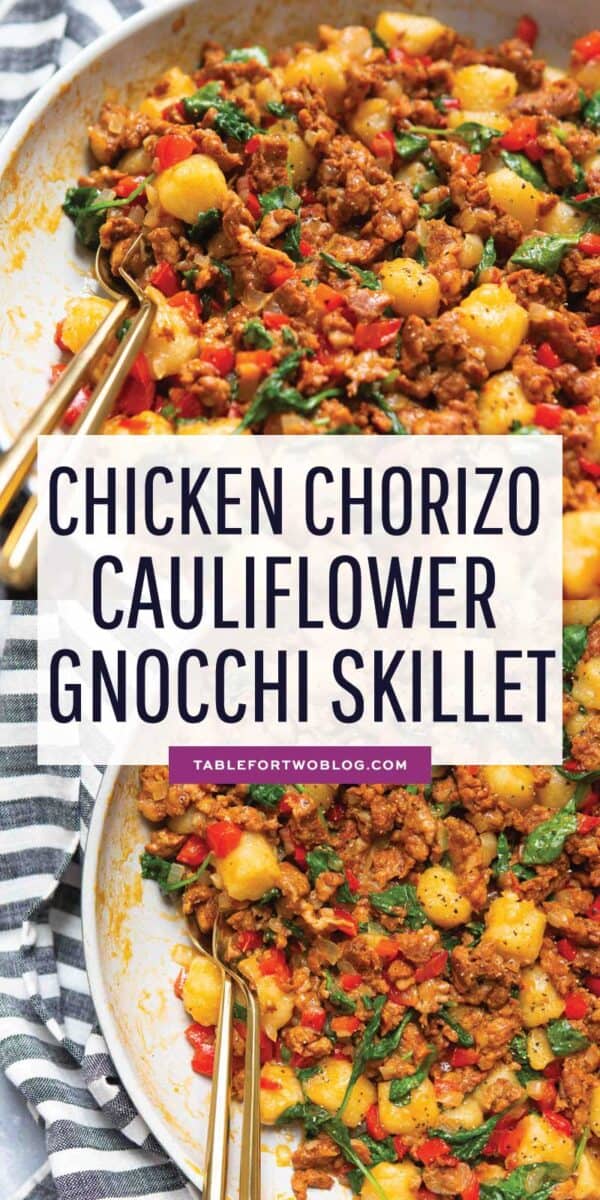 This chicken chorizo cauliflower gnocchi skillet is another great way to use cauliflower gnocchi in a quick weeknight dish! #cauliflowergnocchi #chorizo #chickenchorizo #gnocchi #cauliflower