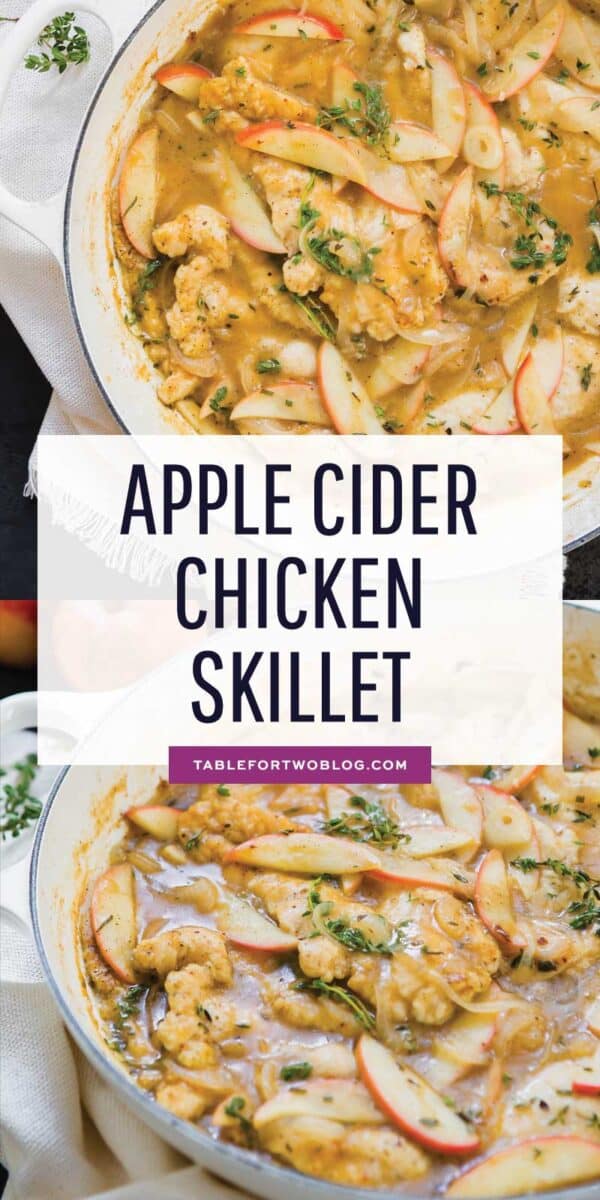 This apple cider chicken skillet is the ultimate Fall dish that is full of sweet and savory flavors! You need to get this on the table! #sponsored #farmerfocus #organicchicken #chickenrecipe #chickenskillet #applecider #applerecipes