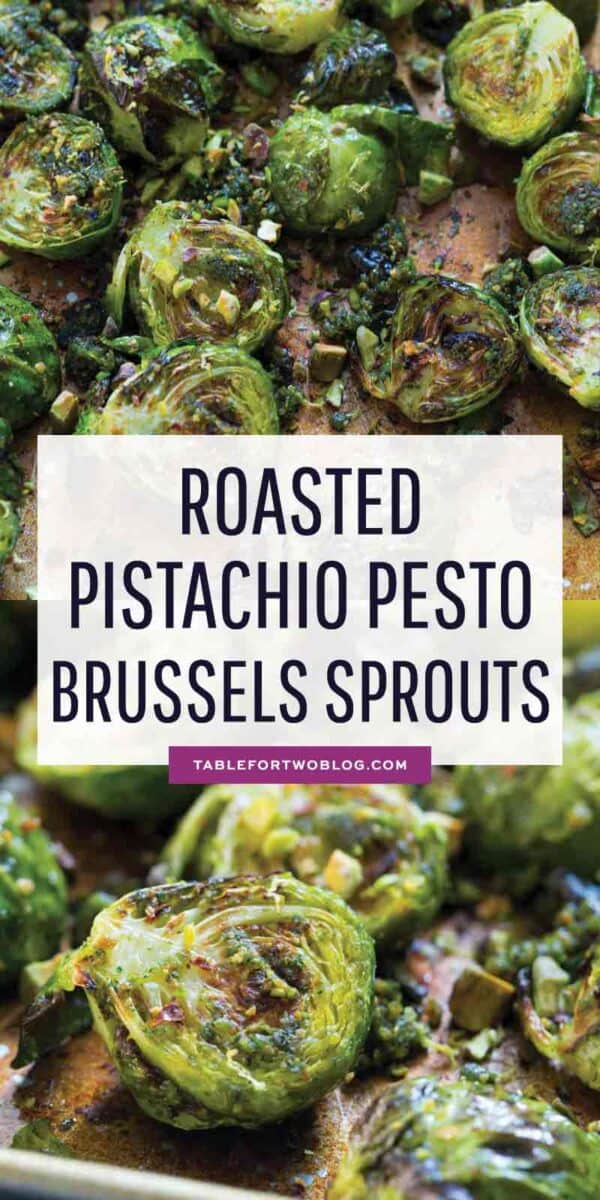 These roasted brussels sprouts tossed in pistachio pesto will turn any brussels sprouts hater into a lover! #brusselssprouts #pistachiopesto #pistachio #roastedvegetables