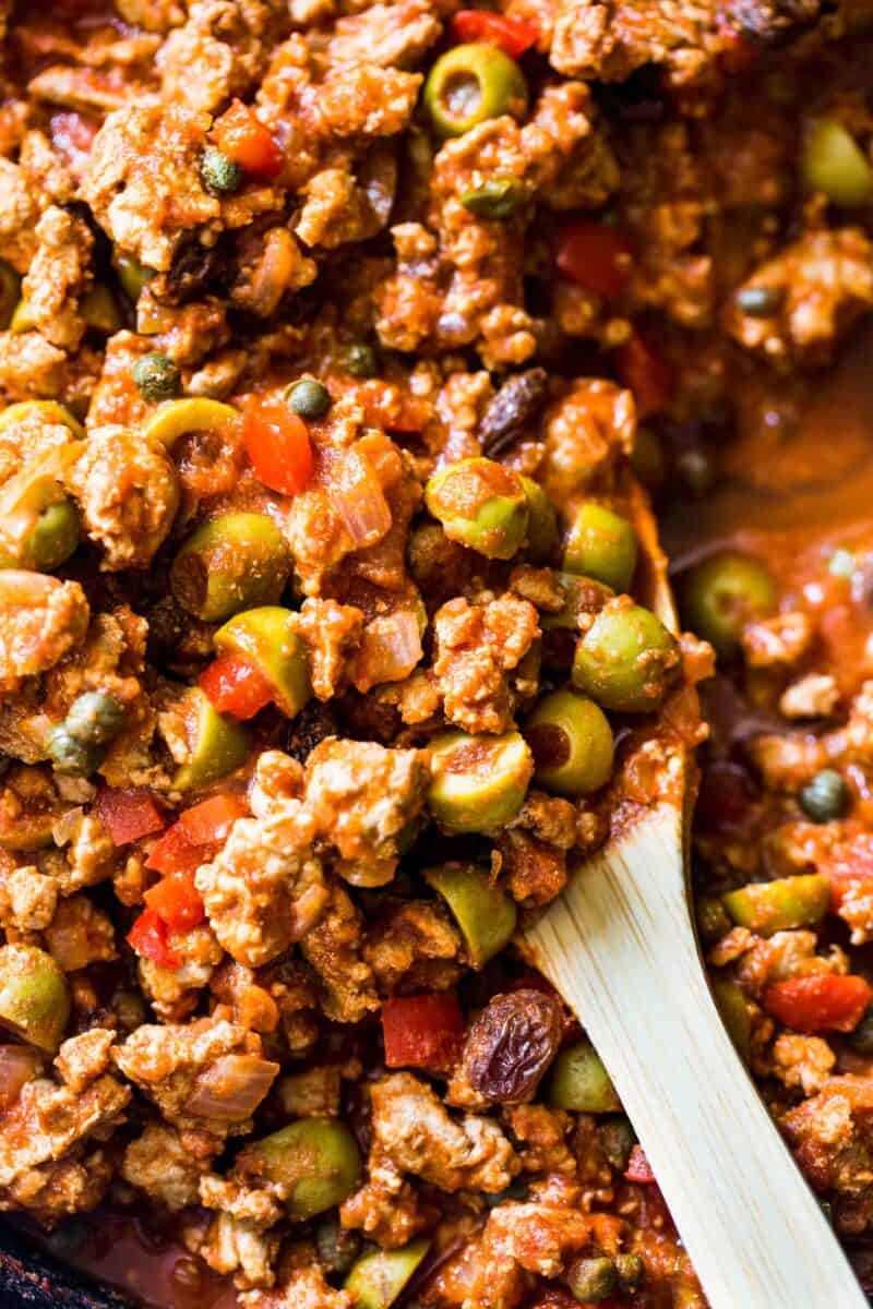 This turkey picadillo recipe is a quick and flavorful weeknight meal! Full of salty, briny, and sweet flavors!