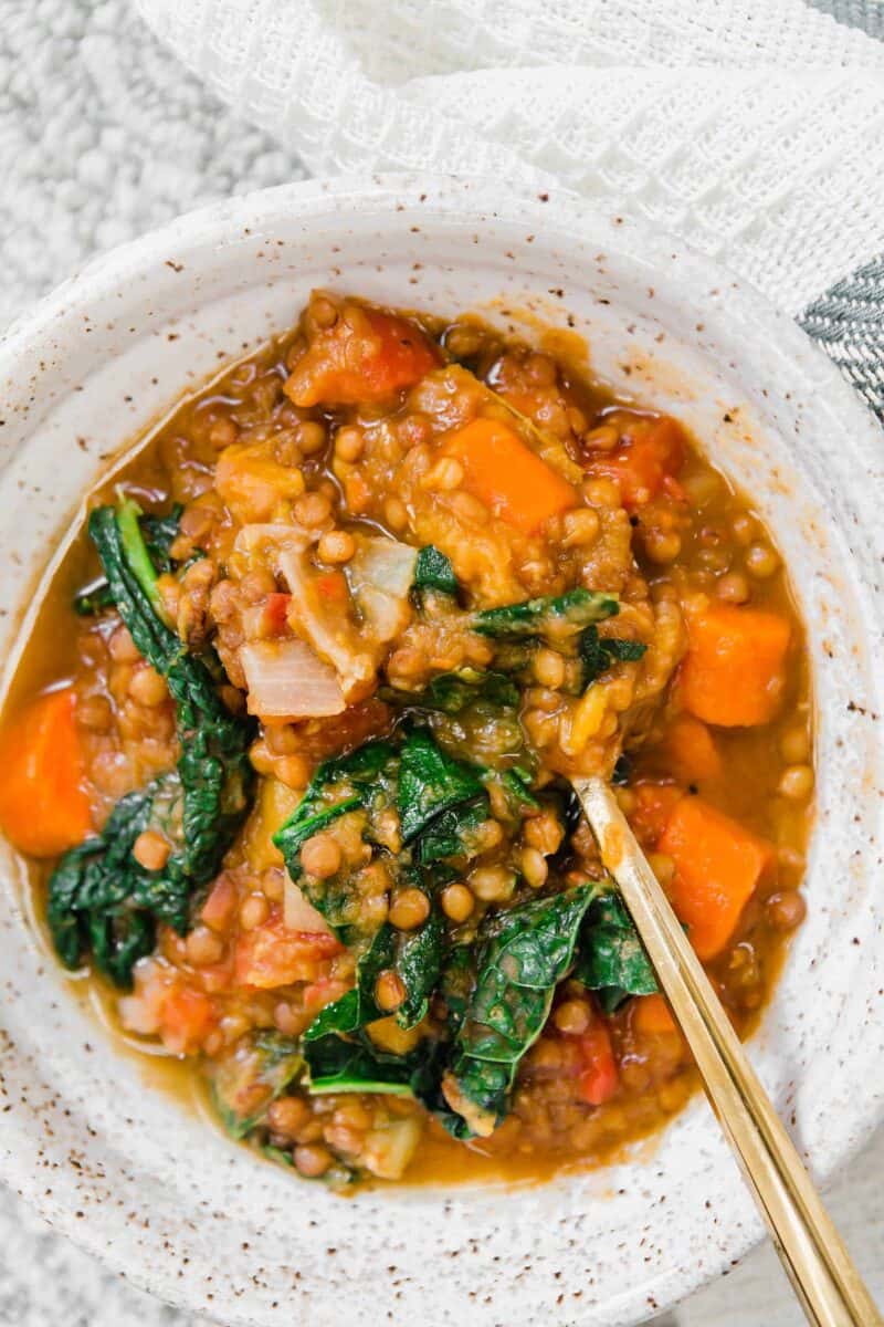 A quick lentil soup made in the Instant Pot and loaded with veggies for a deliciously cozy soup for any time of year!