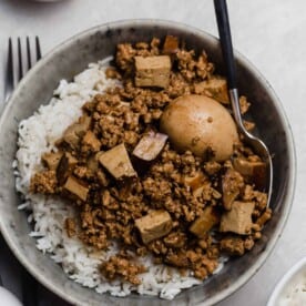 Bowl of minced pork served over rice.