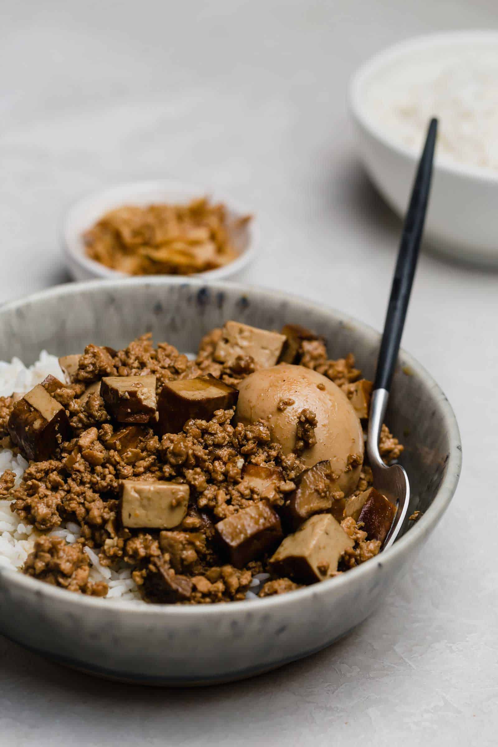 Ground pork with mushrooms, tofu, and a hard-boiled egg.