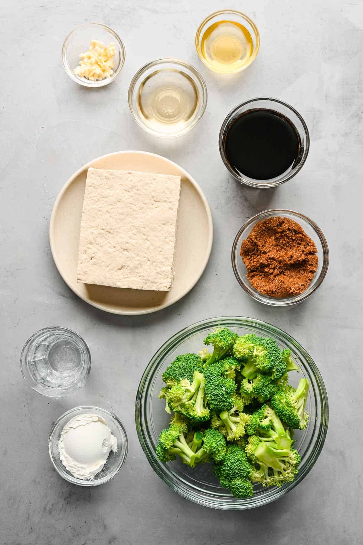 Ingredients for teriyaki tofu and broccoli bowls.
