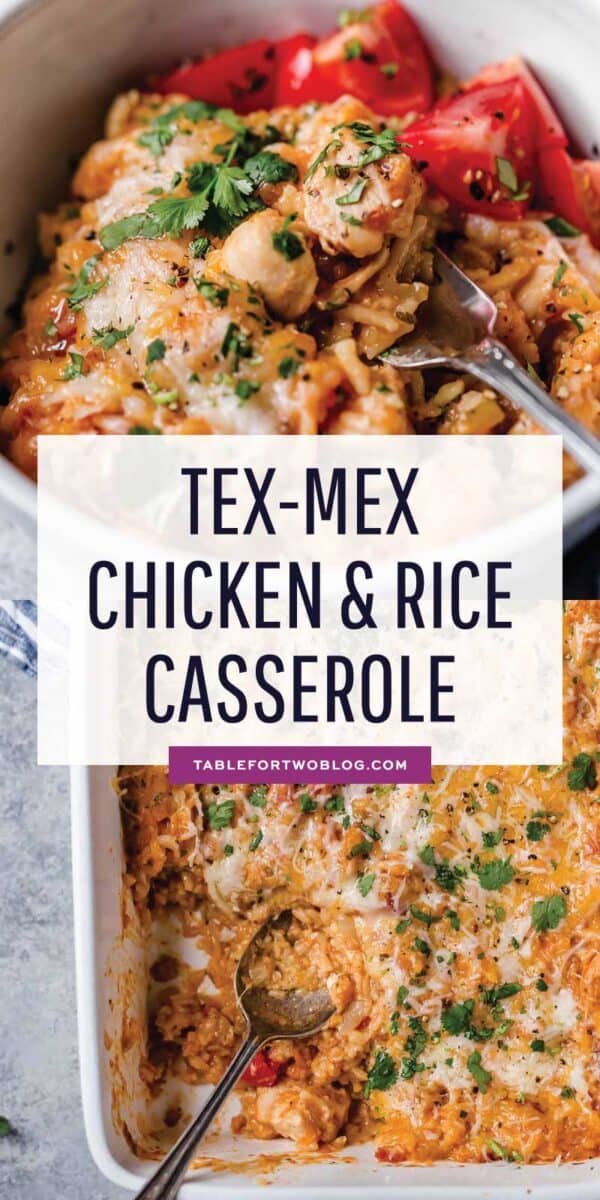 Bold flavors of Tex-Mex cuisine combined in this classic chicken and rice casserole make for an easy choice for weeknight dinner! #casserolerecipe #casseroles #onepot #chickenandrice #texmex