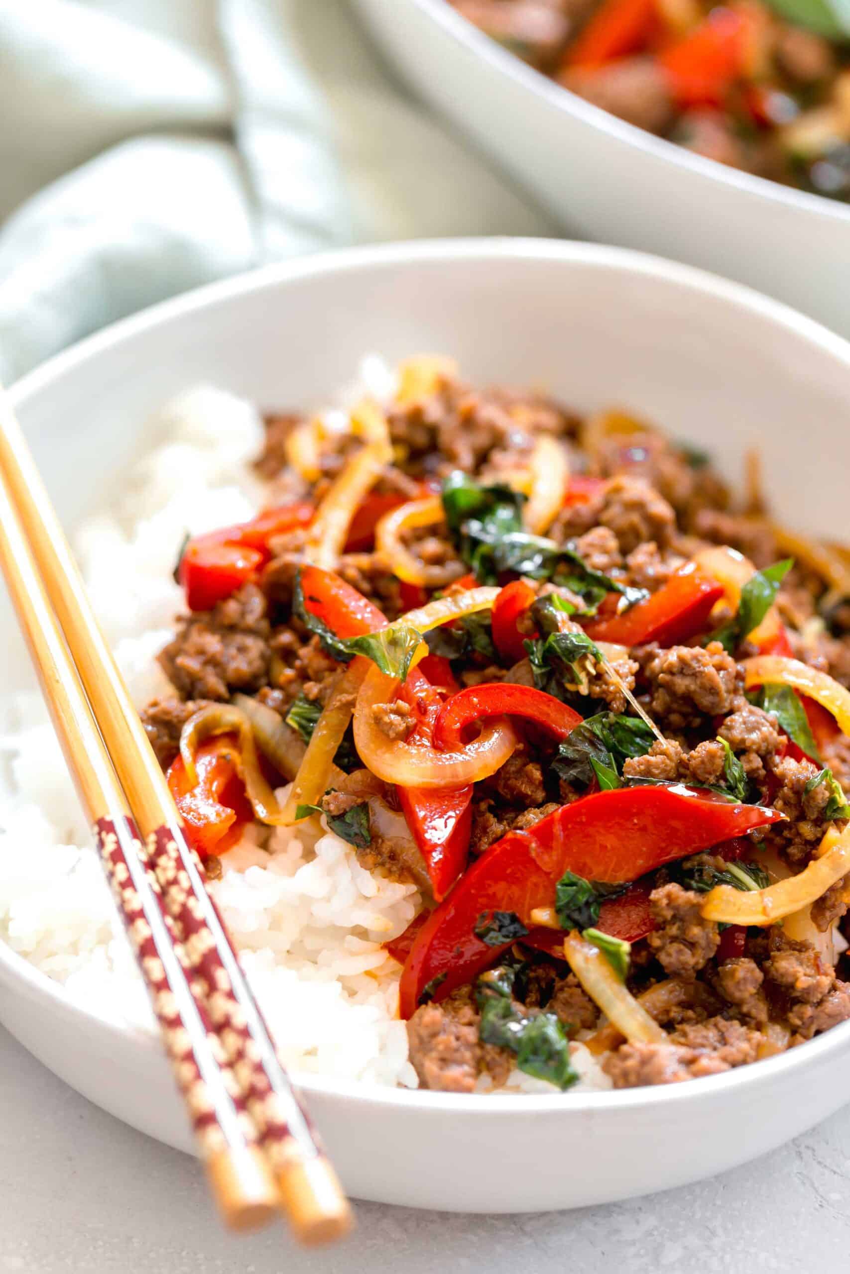 This basil beef stir fry is an explosion of Asian flavors and so incredibly easy to put together!