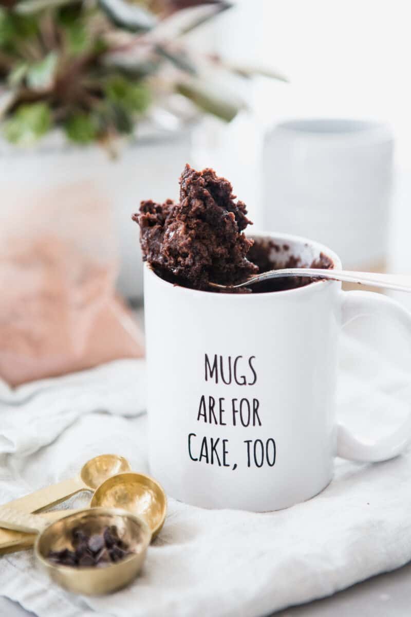 This chocolate mug cake recipe has no eggs and can be made for one or two (if you like to share). It is one of the easiest dessert recipes you'll ever make and you'll never make another mug cake again after you try my recipe!