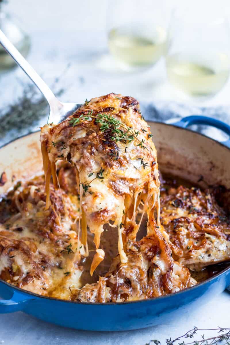 A savory and insanely indulgent chicken skillet dish! This French onion chicken is an elegant dish for any night of the week!