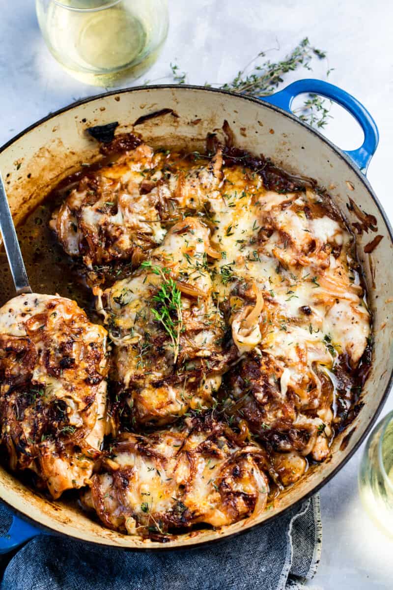 A savory and insanely indulgent chicken skillet dish! This French onion chicken is an elegant dish for any night of the week!