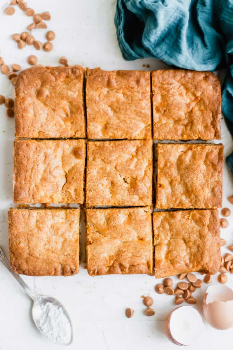 A blondie brownie sliced into nine even pieces. 