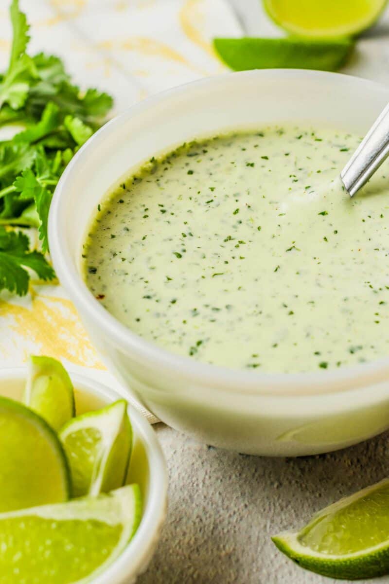 A small white bowl is filled with green dressing. 