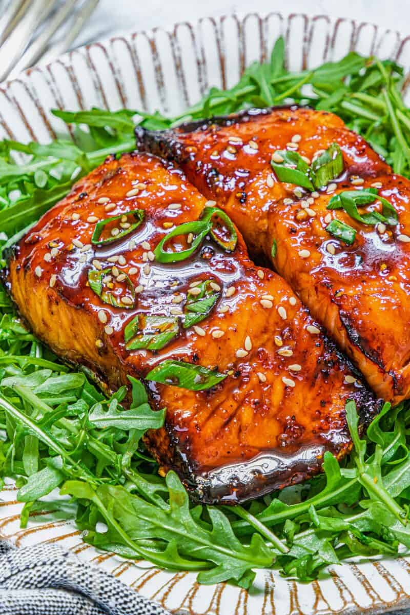 Two pieces of salmon are placed on a bed of fresh arugula. 