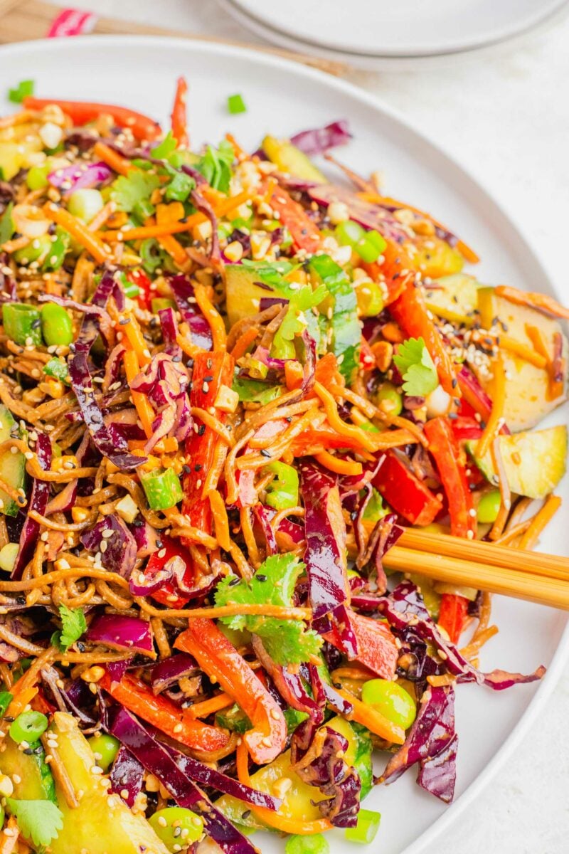 Chopsticks are placed on a white plate topped with soba noodle salad. 