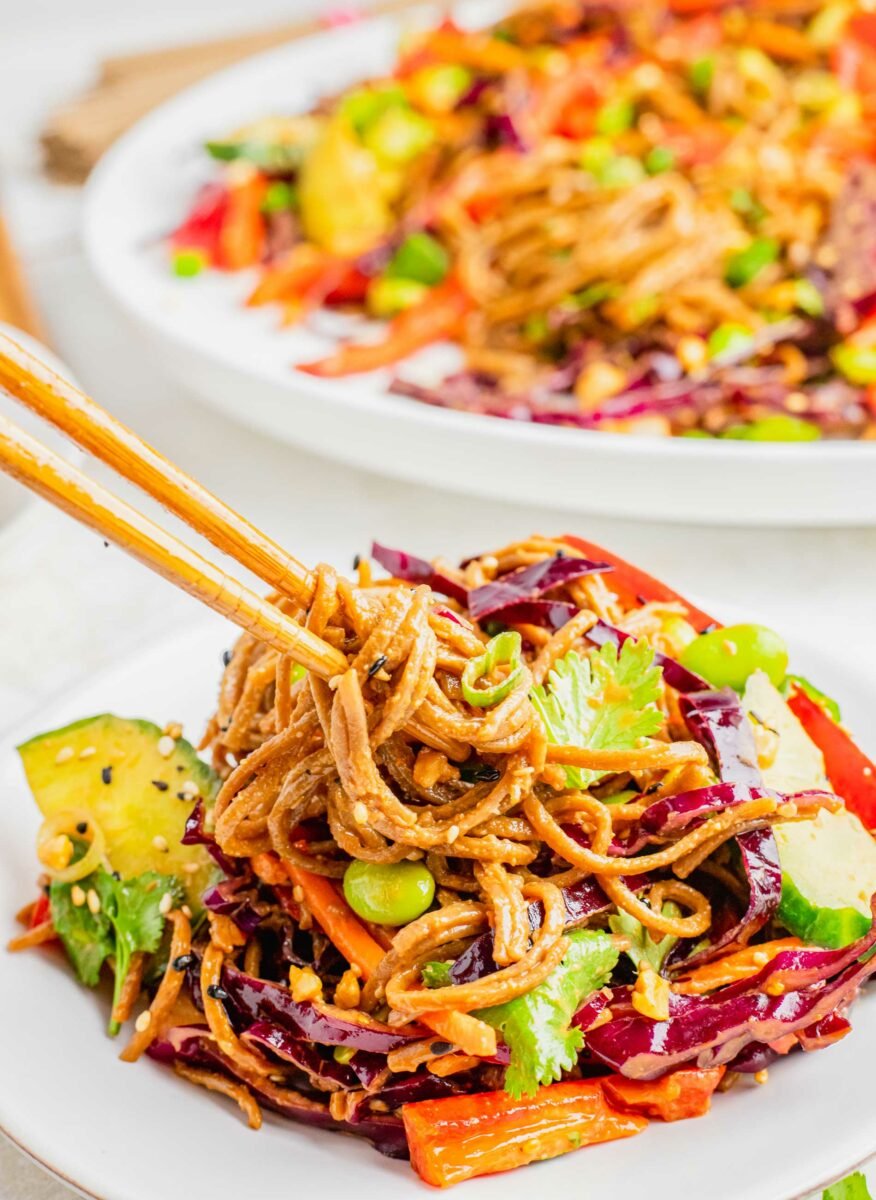 Wooden chopsticks are twirling a bite of soba noodles. 