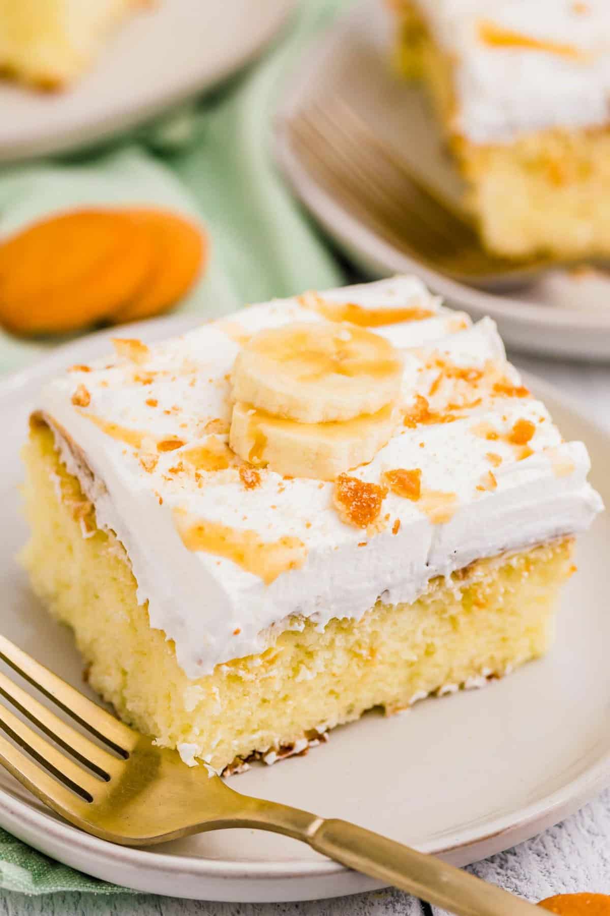 A fork is placed on a plate next to a slice of cake. 