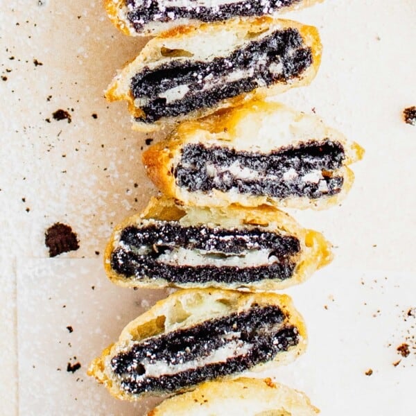 several deep fried oreos are halved and stacked on top of one another