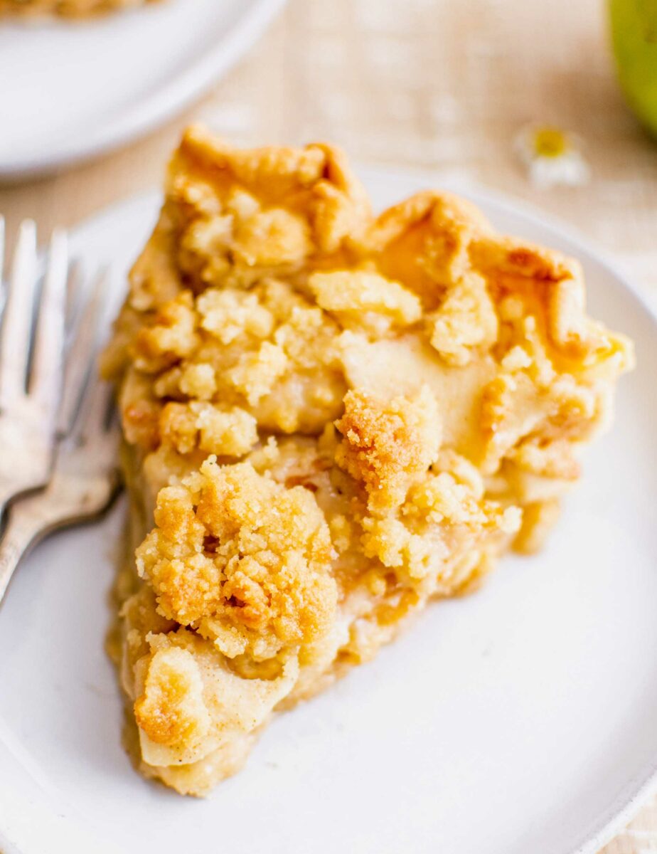 A crumbled topping is golden brown and baked atop a slice of pie crust and apple pie filling. 