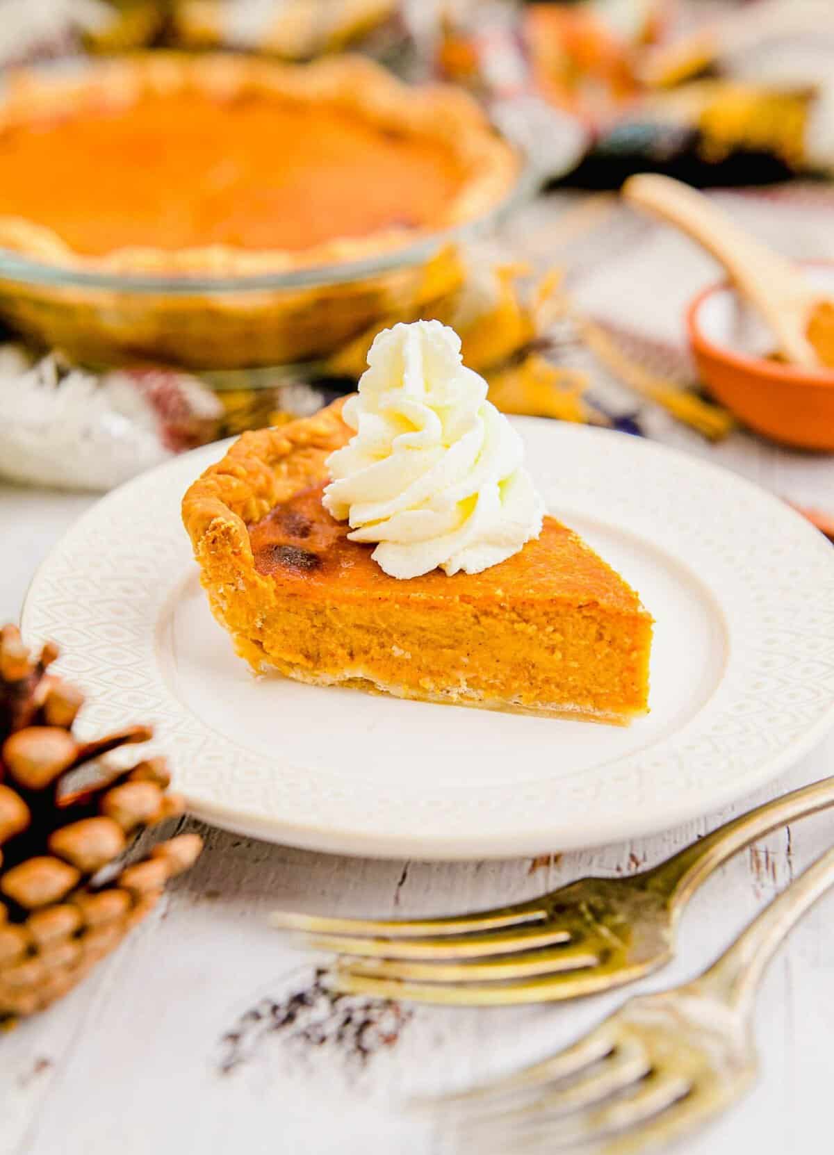 A slice of pumpkin pie is placed on a white plate. 