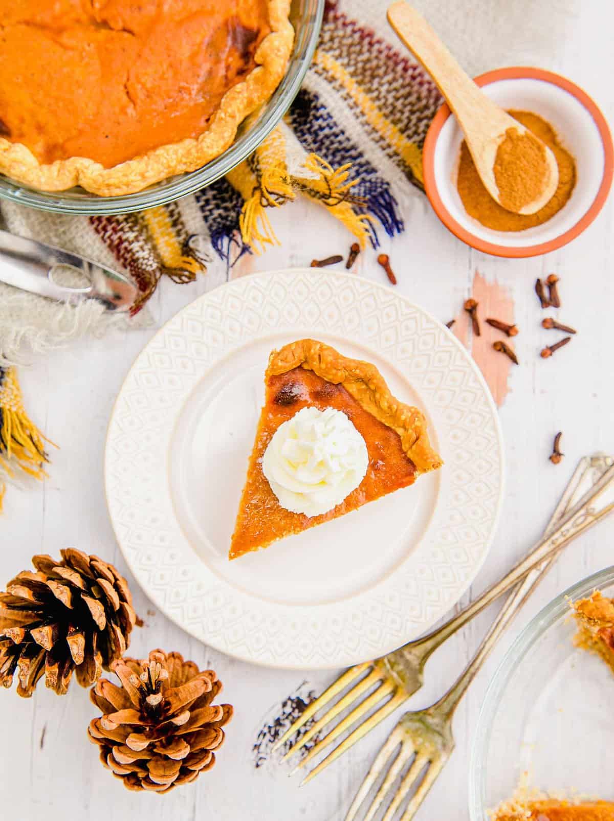 Pinecones and forks are placed next to a white plate that contains a single slice of pumpkin pie. 