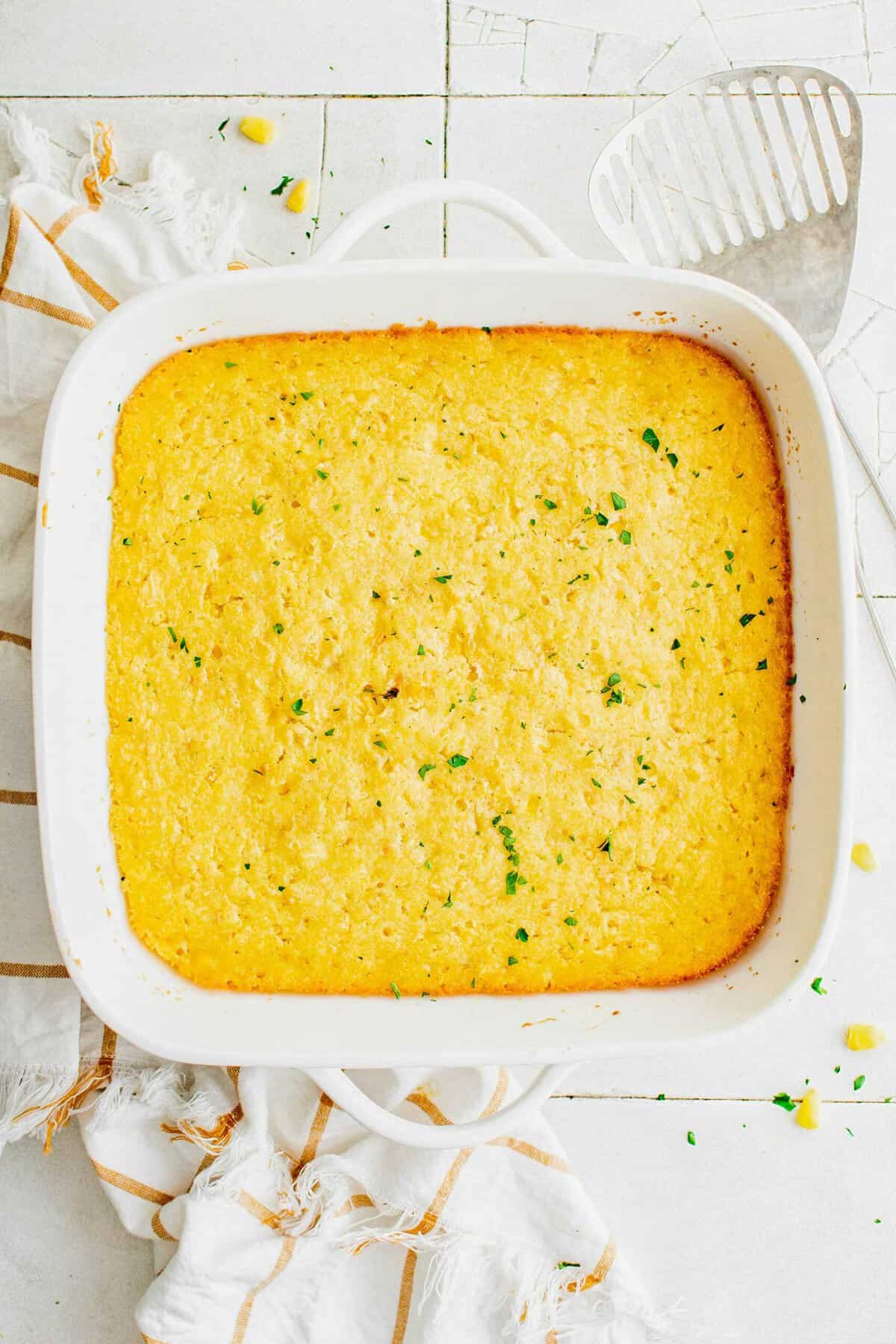 Overhead image of corn casserole in a baking dish.