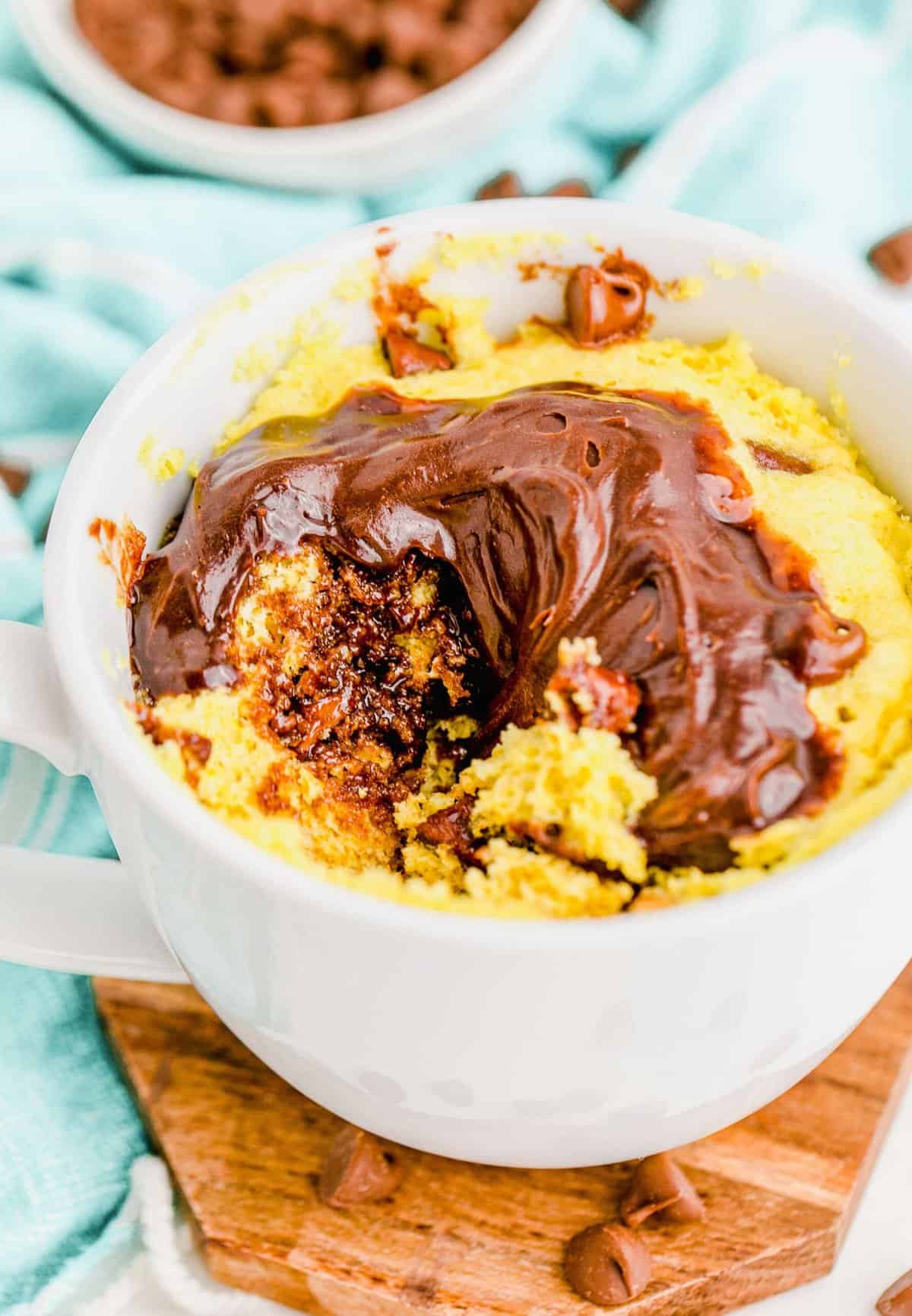 Chocolate chip mug cake topped with melted chocolate
