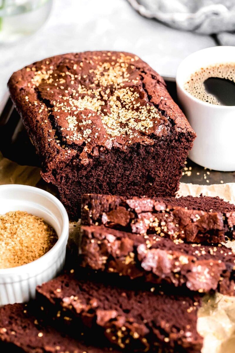 Half-sliced loaf of chocolate cinnamon bread