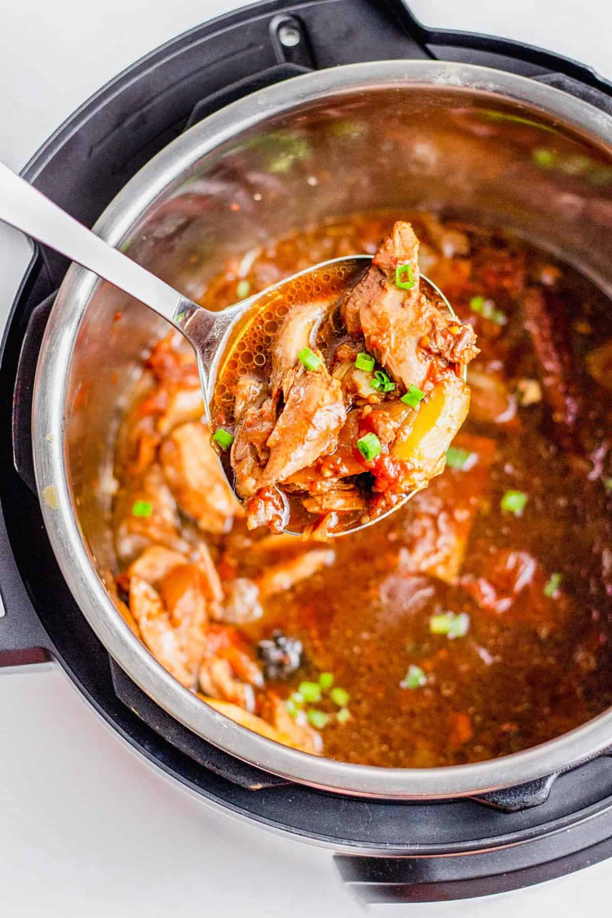 Overhead view of ladle full of beef noodle soup with Instant Pot in background