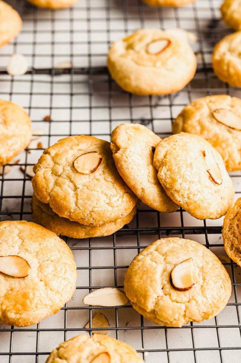 Chinese almond cookies on metal cooling rack