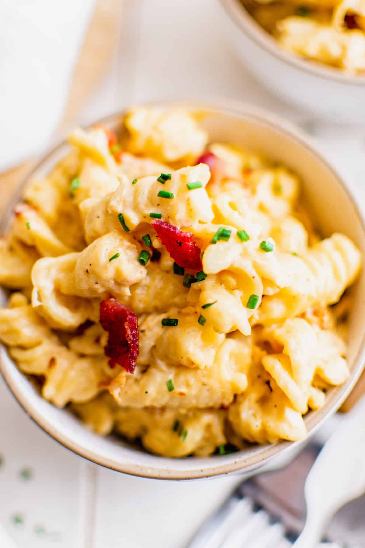 Overhead view of bowl filled with Instant Pot Crack Chicken pasta