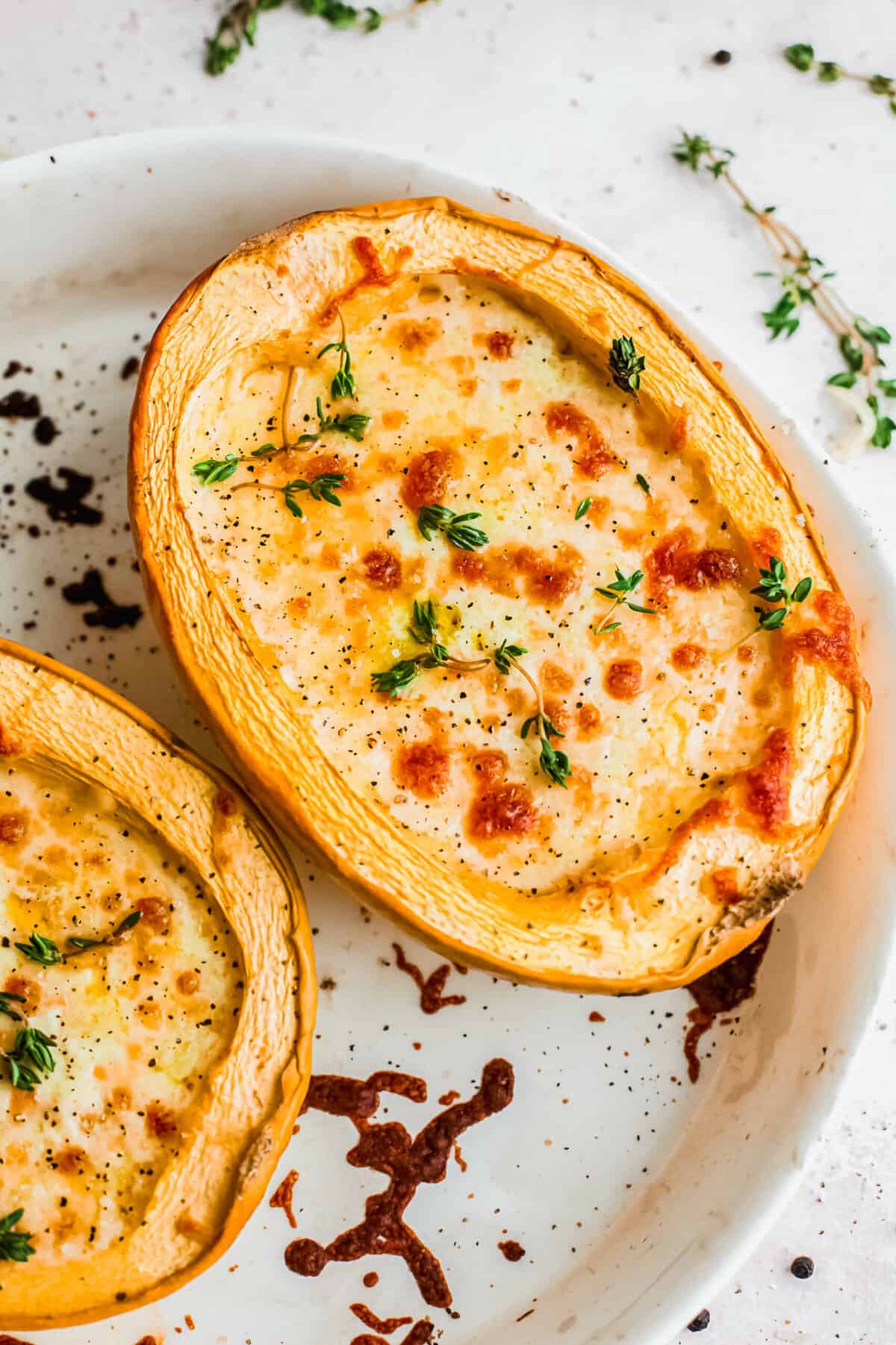 Overhead view of cheesy pesto spaghetti squash