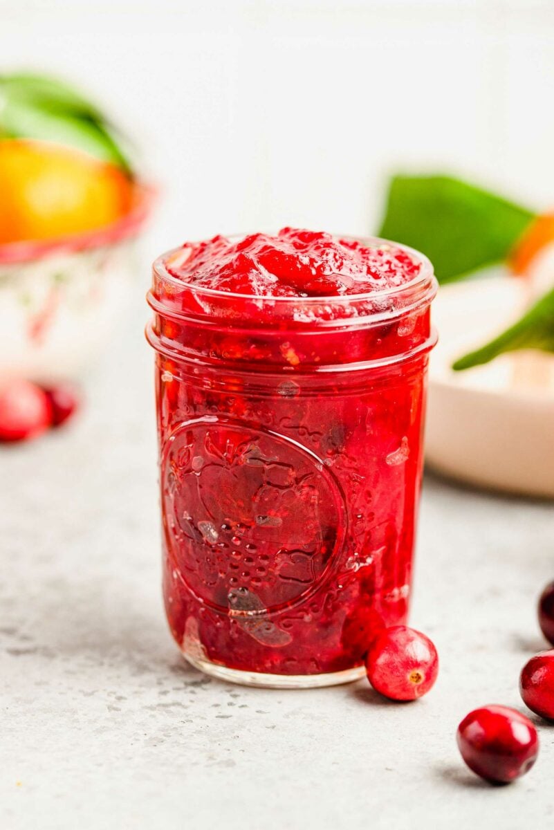 cranberry orange sauce in a mason jar