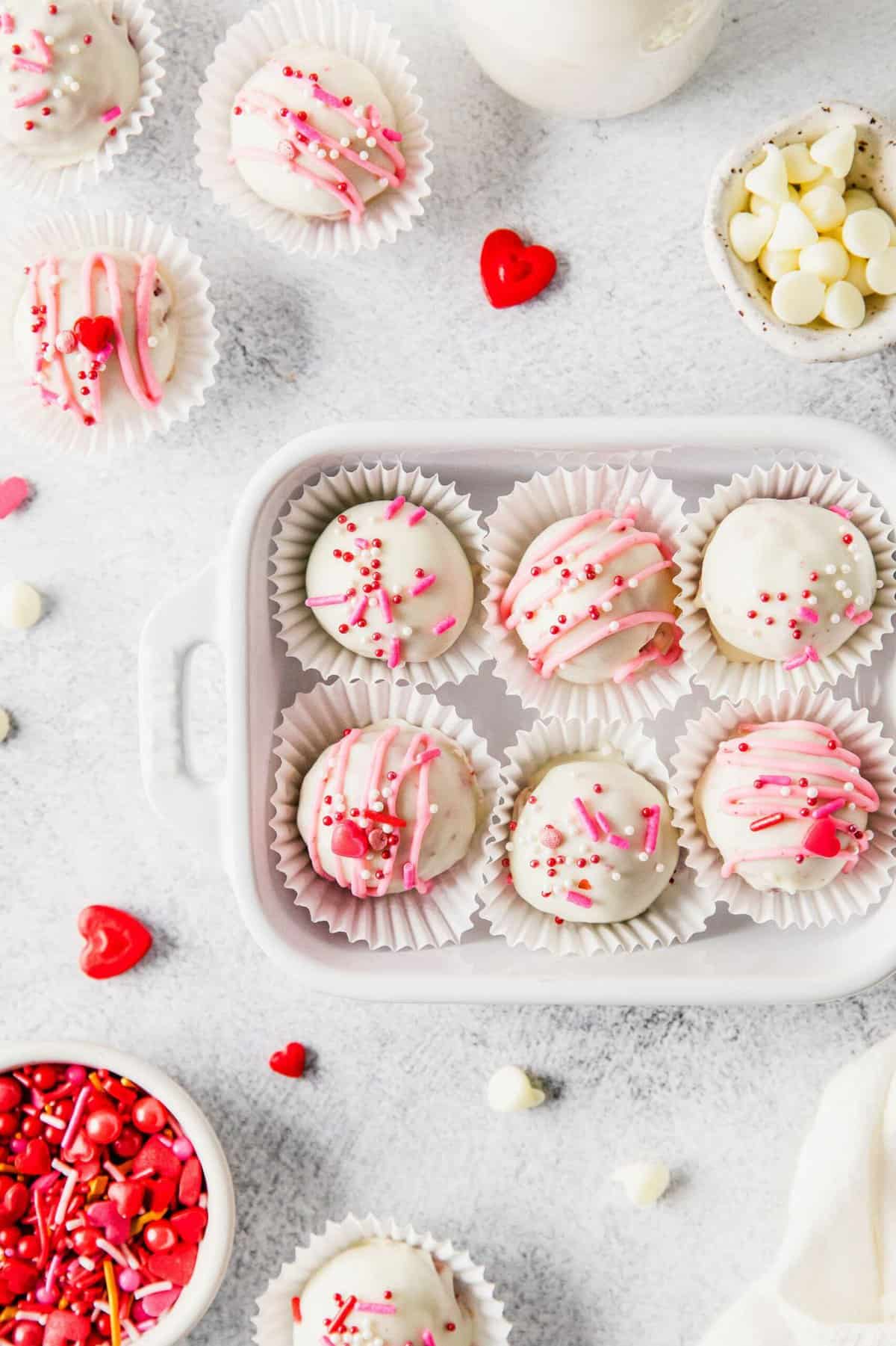 Overhead view of Valentine's Day truffles in small dish