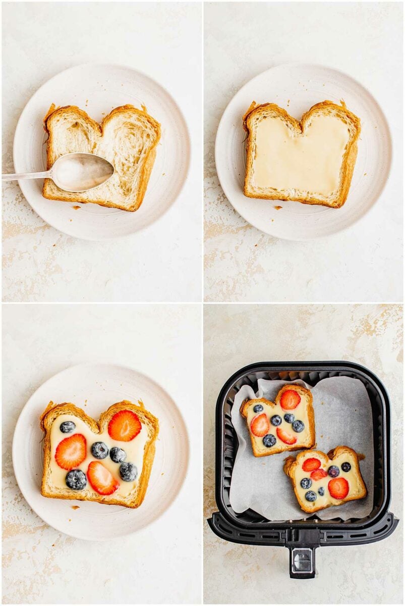 The process photos show a piece of bread being pressed into with a spoon, then filled with custard and berries, then placed in a lined air fryer basket.