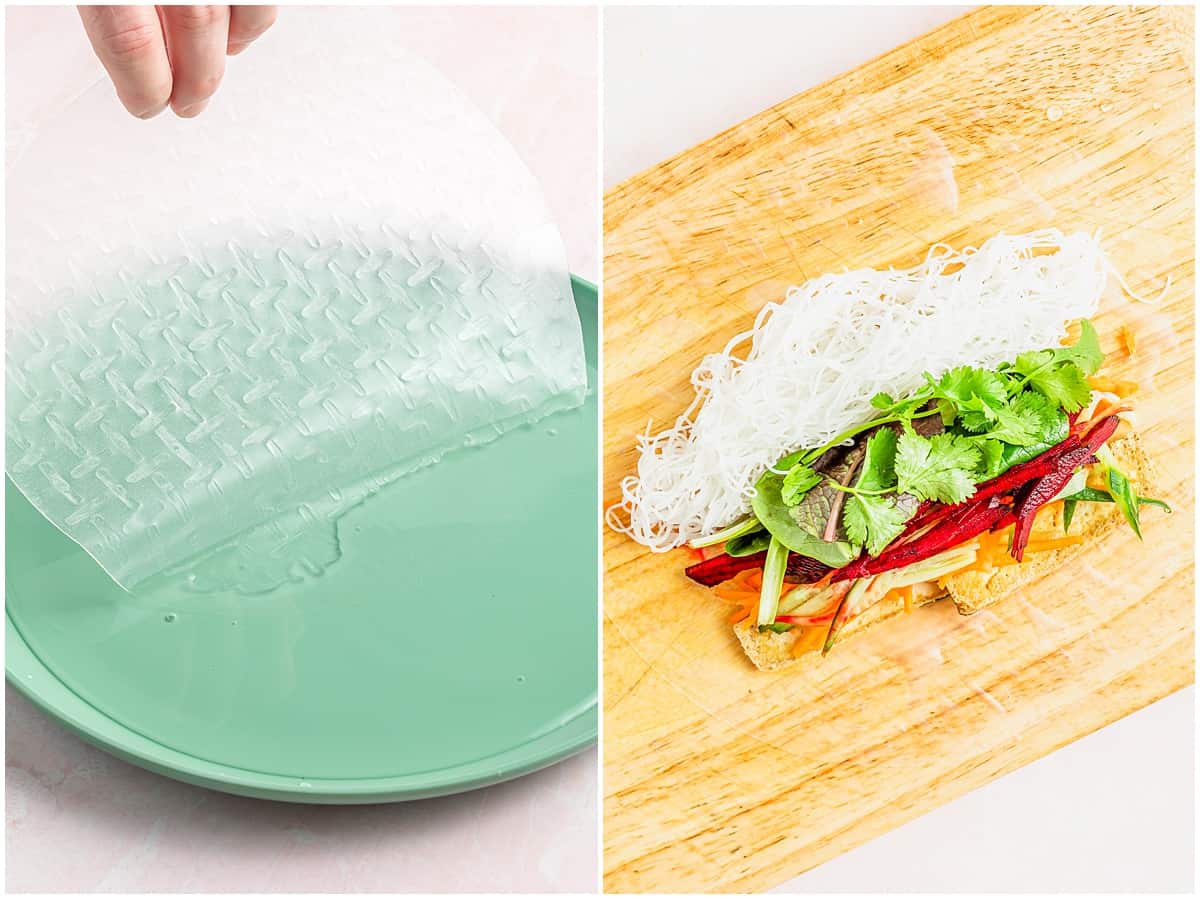 In one image, a rice paper is being dunked into water. In another image, the ingredients for a summer rolls are lined up perfectly on a wooden cutting board. 