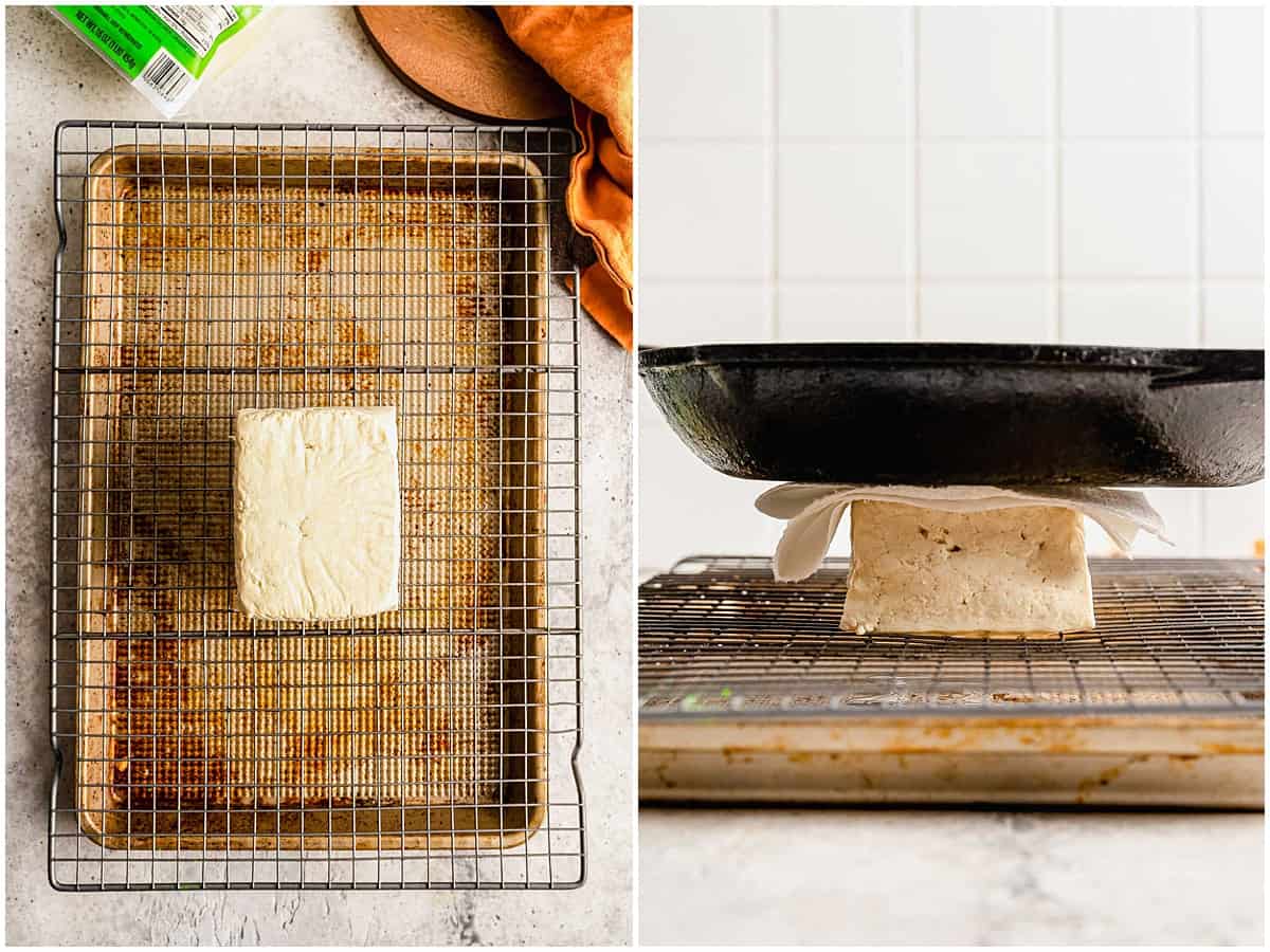 On the left, a brick of tofu on a wire rack. On the right, a heavy pan sitting on the brick of tofu