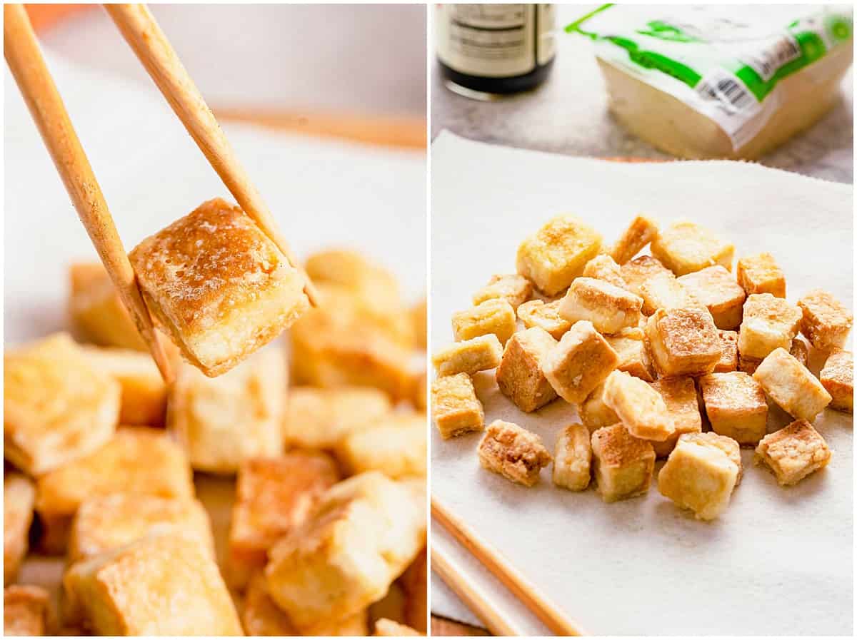 Two photos showing pieces of crispy tofu